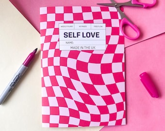 A5 Self Love Journal | Checkered Red & Pink Background | Weekly Planner | Scripting | 40 Pages | Affirmation | Self Care | Gratitudes