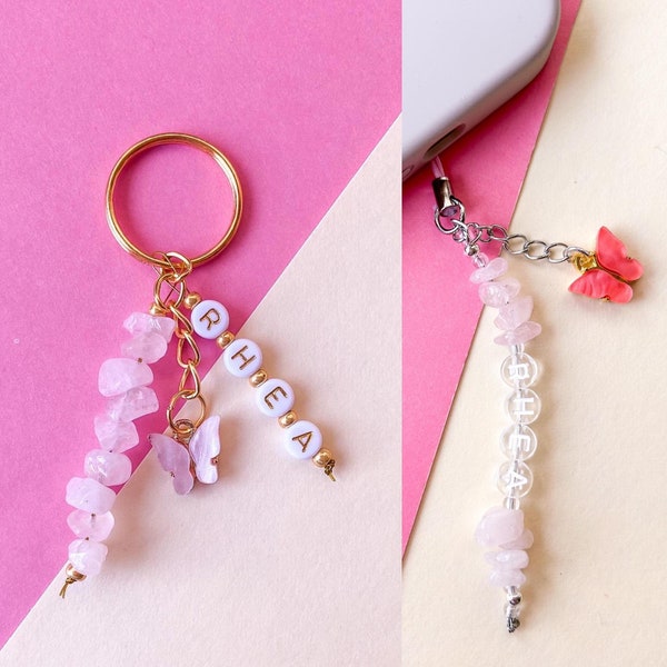 Rose Quartz Personalised Keyring & Phone Charm | Butterfly | Name | Gold or Silver | Phone | Pink | Spiritual | Charms| Beads | Crystals
