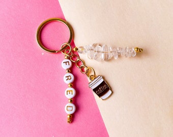 Personalised Crystal Keyring | Clear Quartz | Coffee Cup | Name | Gold or Silver | Keys | Beads | Chain | Charms | Spiritual