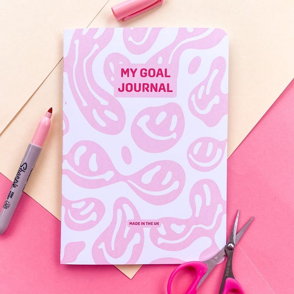 A5 Goal Journal | 26 Pages | Warped Smiley Faces Background  | 2024 Goals | Diary | Planner | Habits | Gratitudes | Exercise