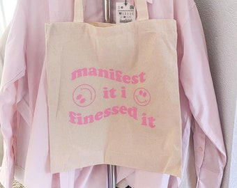 Manifest It I Finessed It Tote Bag | Pink Or Red | Smiley Faces | Canvas Bag | Reusable Bag | Shopping Bag | Personalise