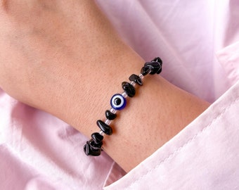 Evil Eye Beaded Bracelet | Natural Black Obsidian Quartz | Y2k Style | Gold | Spiritual | Pearls | Beads | Jewellery | Spring | Summer
