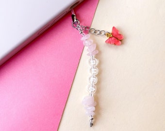 Personalised Crystal Phone Charm | Rose Quartz | Butterfly | Name | Phone | Beads | Pink | Charms | Spiritual