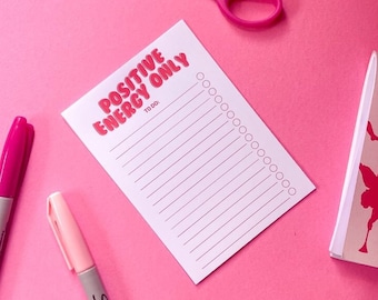 A5 Or A6 Notepad To-Do List | Positive Energy Only | 40 Pages | Tear Off Page | Magnet | Pink, Red & White | Checklist