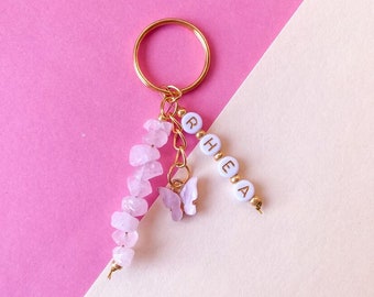 Personalised Crystal Keyring | Rose Quartz | Butterfly | Name | Gold | Keys | Beads | Gold Chain | Pink | Charms | Spiritual
