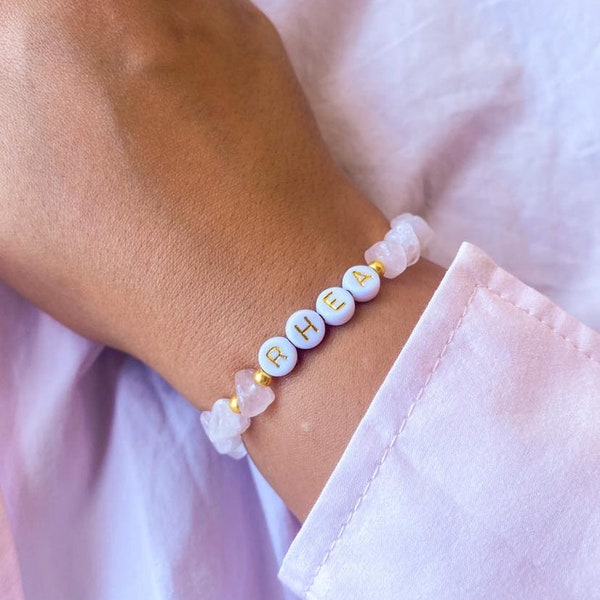 Personalised Crystal Bracelet | Jewellery | Letter Beads | Rose Quartz | Green Aventurine | Natural Amazonite | Pink Magnesite | Snow Quartz