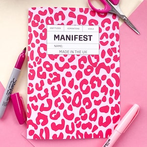 Manifestatiedagboek met luipaardprint, voor journalling, zelfzorg, minder stress en angst, scripts, notitieboekje om te manifesteren, zelfhulp