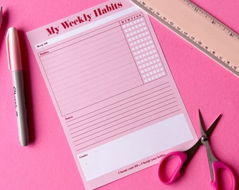 My Weekly Habit Tracker | Healthy Habits | Routine | Pink | Red | White | Notes | Date | Motivation | Productive | Tick List | Notepad