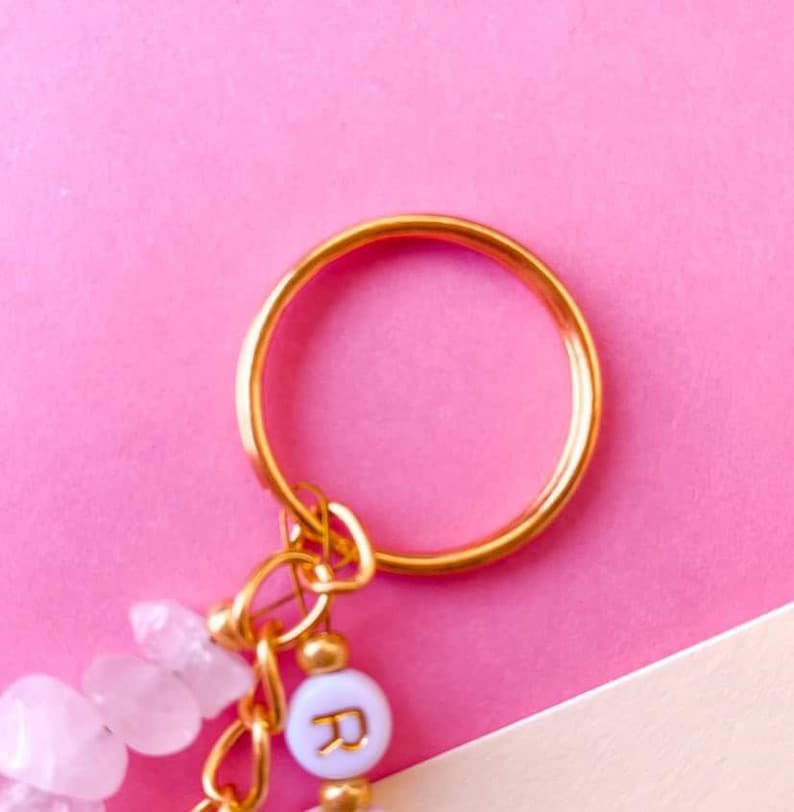 Personalised Crystal Keyring Rose Quartz Butterfly Name Gold Keys Beads Gold Chain Pink Charms Spiritual zdjęcie 2