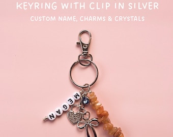 Personalisierter Kristallclip-Schlüsselring in Silber, kundengerechter Name Schlüsselbund, Kristall- und Buchstabenperlen, Taschenanhänger