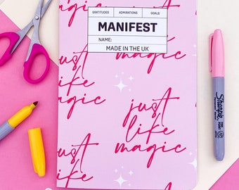 A5 Manifesting Journal | 40 Pages | Pink Background With 'Just Like Magic' Writing & Stars | Lined Paper | Gratitude | Admiration | Goal