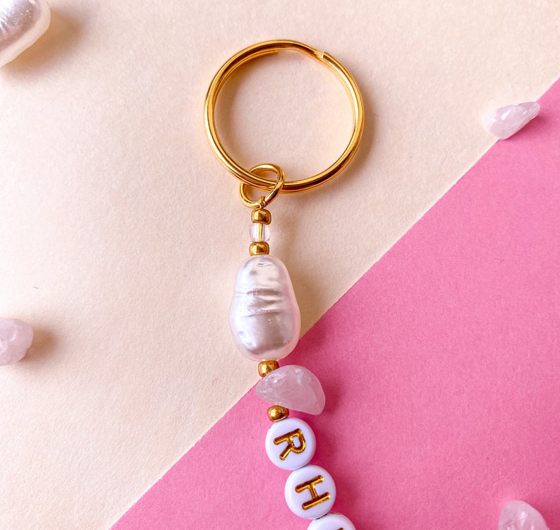 Rose Quartz Personalised Pearl Keyring Rose Quartz Pearl Bead Name Keys Beads Gold Chain Charms Spiritual image 2