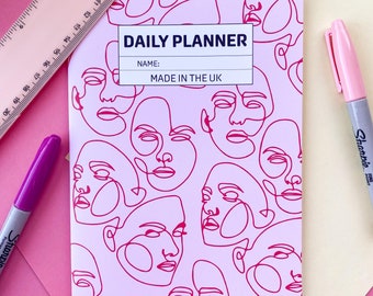 A5 Daily Planner | Notebook | 30 Pages | Scribbled Faces | Self Care | Meals & Snacks | To-Do List | Notes | Appointments | Pink And Red