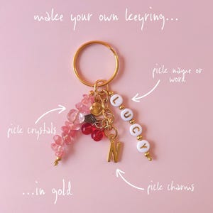 Faça seu próprio chaveiro de cristal personalizado em ouro, totalmente personalizado, chaveiro, contas de cristal e contas de letras, pingentes