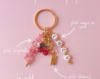 Make Your Own Personalised Crystal Keyring In Gold, Completely Customised, Keychain, Crystal Beads And Letter Beads, Charms