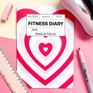 A5 Journal de fitness 40 Pages Big Hearts Rose & Rouge Macros de comptage des calories Journal alimentaire Programme dentraînement Eau image 1