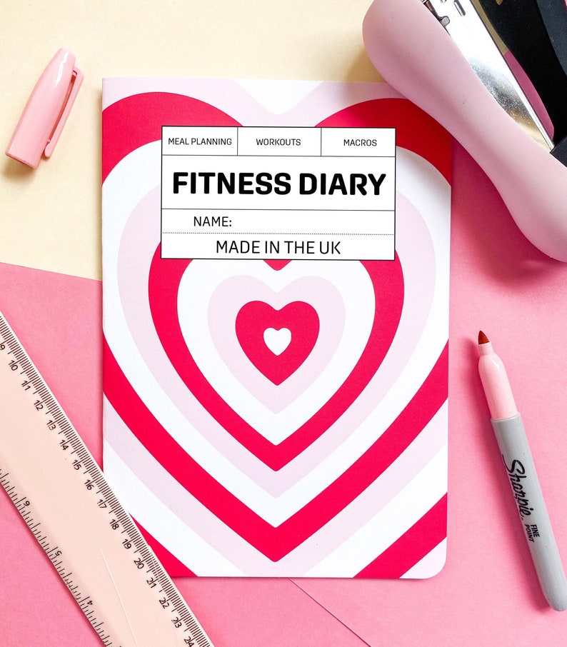 A5 Journal de fitness 40 Pages Big Hearts Rose & Rouge Macros de comptage des calories Journal alimentaire Programme dentraînement Eau image 1