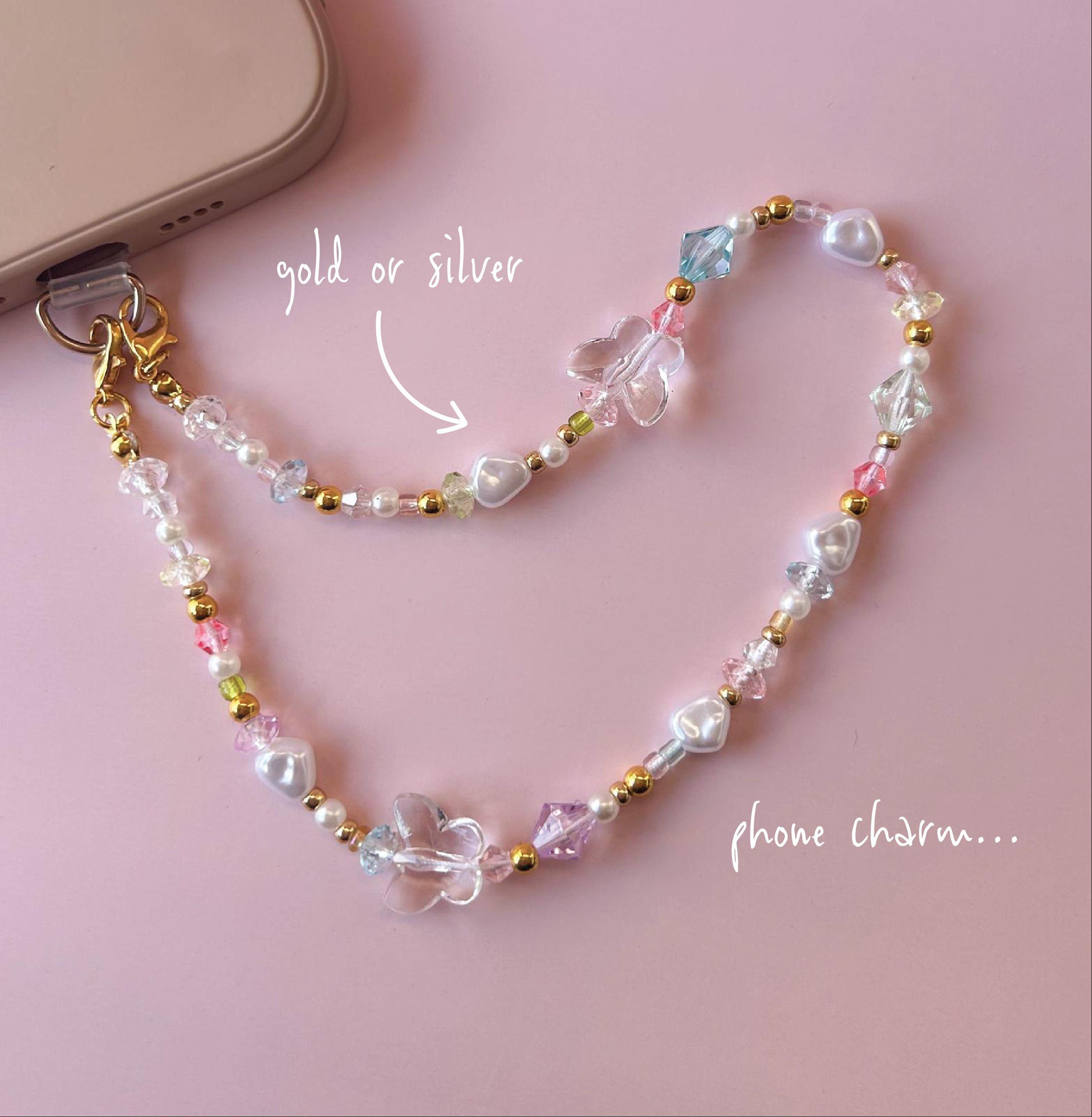 Verschiedene Perlen Handy Anhänger, Schmetterling Perle, Gold oder Silber Anhänger mit Perlen, verschiedene Perlen und Schmetterling Perlen, personalisiert