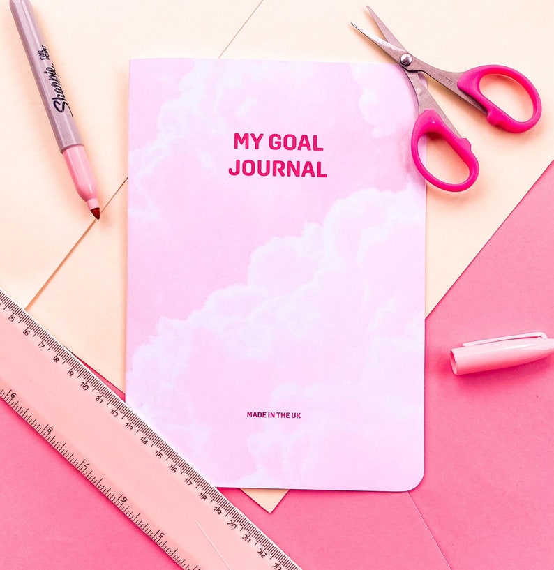 A5 Goal Journal 26 Pages Pink Clouds Background 2024 Goals Diary Planner Habits Gratitudes Exercise image 1