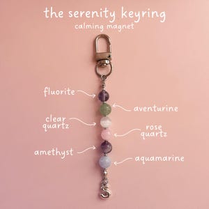 Puede incluir: El llavero the serenity keyring calming magnet cuenta con un cierre de mosquetón plateado unido a una hilera vertical de seis cuentas redondas de fluorita, aventurina, cuarzo claro, cuarzo rosa, amatista y aguamarina, con un dije de letra S.