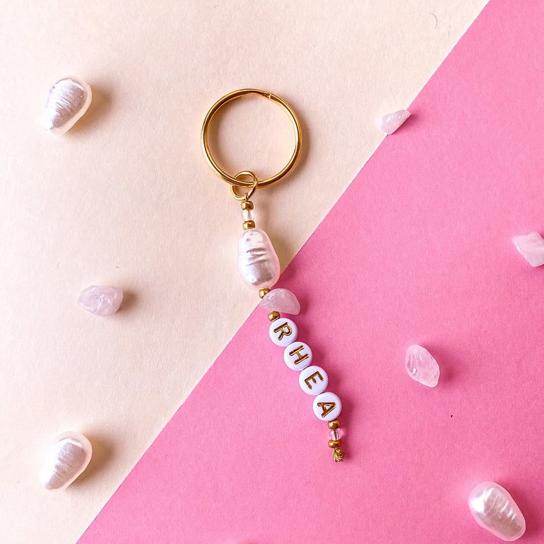 Rose Quartz Personalised Pearl Keyring Rose Quartz Pearl Bead Name Keys Beads Gold Chain Charms Spiritual image 1