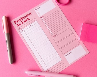 Productivity AF Notepad | A4 or A5 | Pink & Red | 40 Pages | Tear Off Page | Schedule | Tasks | To Do List | Notes | Motivation