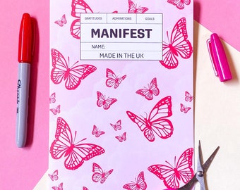 A5 Manifesting Script Journal | 40 Pages | Pastel Pink Sky Background With Red Butterflies | Lined Paper | Gratitude | Admiration | Goal
