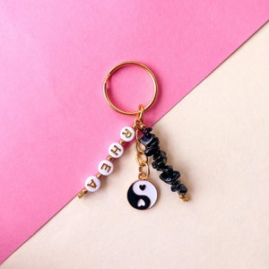 Black Obsidian Personalised Crystal Keyring With Yin And Yang Charm, Yin And Yang Keychain With Name Or Word, Customised, Cute Gift