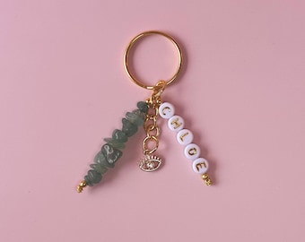 Aventurine Personalised Crystal Keyring With Evil Eye Charm, Evil Eye Keychain With Name Or Word, Customised, Cute Gift, Girly Keyring