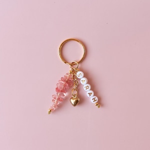 Cherry Quartz Personalised Crystal Keyring With Heart Charm, Heart Keychain With Name Or Word, Customised, Cute Gift, Girly Keyring