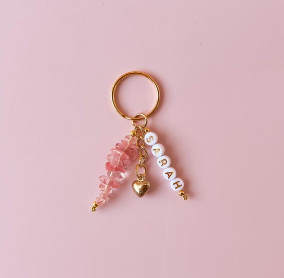 Personalised Cherry Quartz Crystal Keyring With Heart Charm, Customisable With Name Or Word, Cute Gift In Gold or Silver