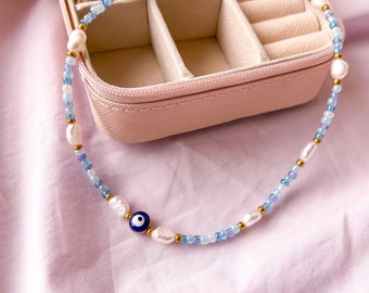 Evil Eye Beaded Necklace | Silver | Gold | Manifesting | Spiritual | Love | Money | Health | Jewellery | Pearl | Blue | Festival | Jewellery