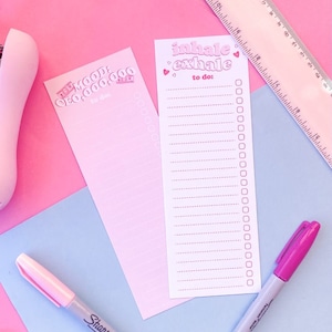 May include: Two pink to-do list cards with a dotted background. The top card has the text "MOOD: CEO,000,000" and "to do". The bottom card has the text "inhale exhale" and "to do:" with a list of checkboxes.