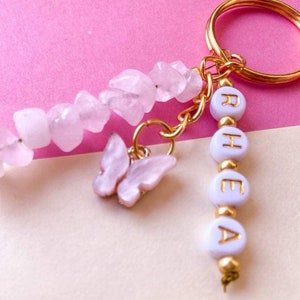 Personalised Crystal Keyring Rose Quartz Butterfly Name Gold Keys Beads Gold Chain Pink Charms Spiritual image 3