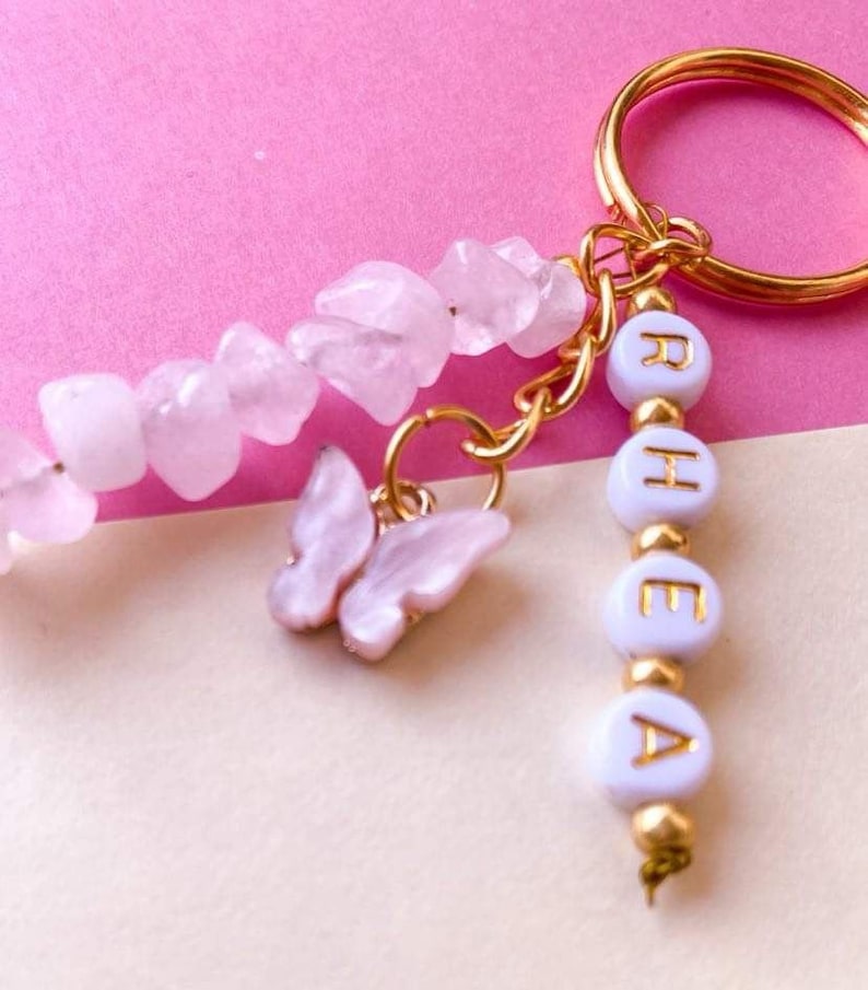 Personalised Crystal Keyring Rose Quartz Butterfly Name Gold Keys Beads Gold Chain Pink Charms Spiritual image 3