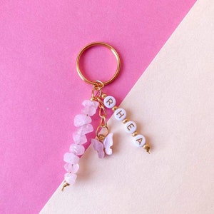 Personalised Crystal Keyring Rose Quartz Butterfly Name Gold Keys Beads Gold Chain Pink Charms Spiritual zdjęcie 1