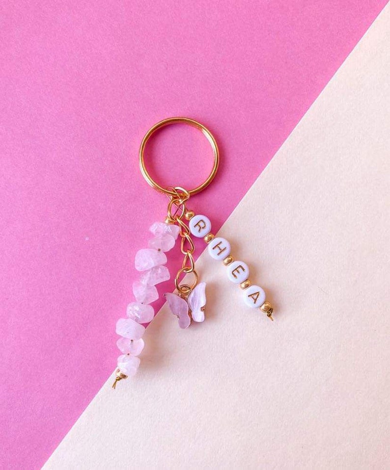 Personalised Crystal Keyring Rose Quartz Butterfly Name Gold Keys Beads Gold Chain Pink Charms Spiritual image 1