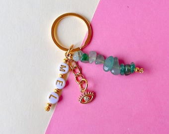 Personalised Crystal Keyring | Aventurine | Evil Eye | Name | Gold | Keys | Beads | Gold Chain | Green & Blue | Charms | Spiritual