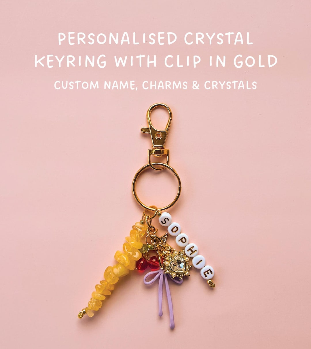 Personalised Crystal Clip Keyring in Gold, Completely Customisable ...