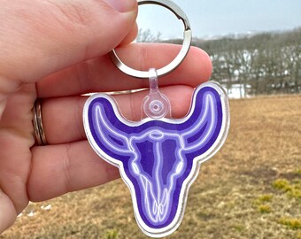 Purple Neon Bison Skull Acrylic Keychain