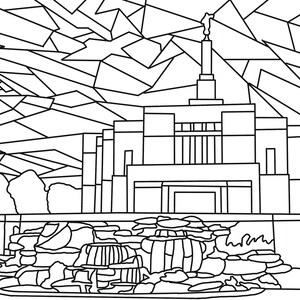 Puede incluir: Un dibujo en blanco y negro de un templo con una alta aguja y una fuente en frente. El templo tiene un gran edificio rectangular con una serie de ventanas y puertas. La fuente está formada por una serie de rocas y agua que fluye sobre ellas.