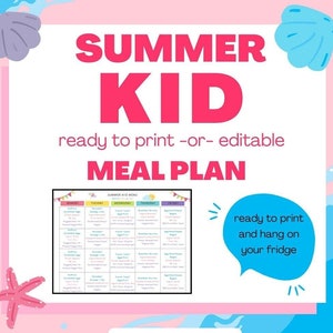 Plan de repas facile pour enfant d'été et liste de courses -- Petit-déjeuner/déjeuner/collation -- Téléchargement PDF et modèle Canva modifiable
