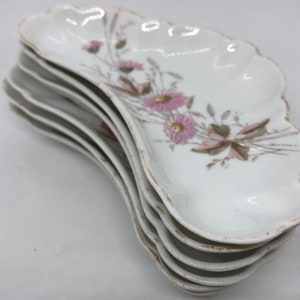 Austrian Crescent Bone Dishes Floral Gold Trim Scalloped Porcelain Rare Antique BSM Set of 6