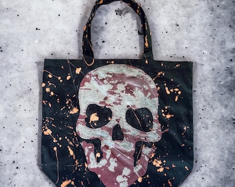 Bleached Skull Tote Bag, Handmade Goth Punk Cotton Shopper