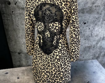 Upcycled Leopard Skull Coat Rocker Goth Punk Heavy Metal clothing winter Halloween clothing Size 4