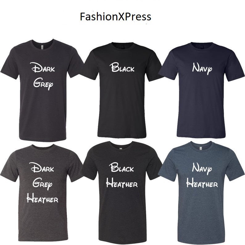 May include: Six t-shirts in different colors and styles. The t-shirts are all crew neck and short-sleeved. The colors are dark grey, black, navy, dark grey heather, black heather, and navy heather. The text on the t-shirts says "Dark Grey", "Black", "Navy", "Dark Grey Heather", "Black Heather", and "Navy Heather".