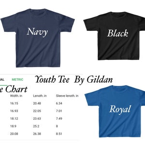 May include: Size chart for youth t-shirts in navy, black, and royal blue. The chart shows the width, length, and sleeve length in inches for sizes XS, S, M, L, and XL.