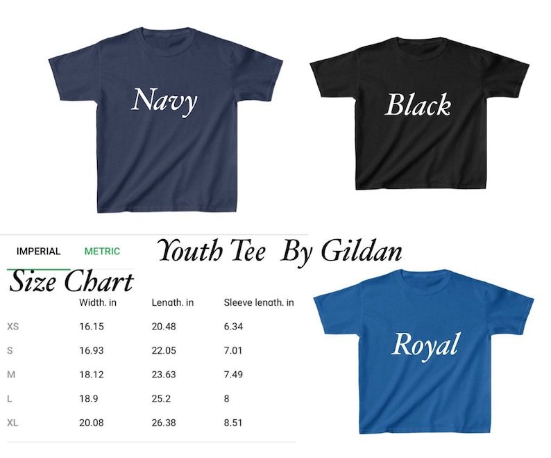 May include: Size chart for youth t-shirts in navy, black, and royal blue. The chart shows the width, length, and sleeve length in inches for sizes XS, S, M, L, and XL.
