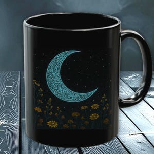 Celestial Moon and Flower Mug, Blue Moon Mug, Floral Coffee Cup, Celestial Drinkware, Lunar Tea Mug, Flower Patterned Mug