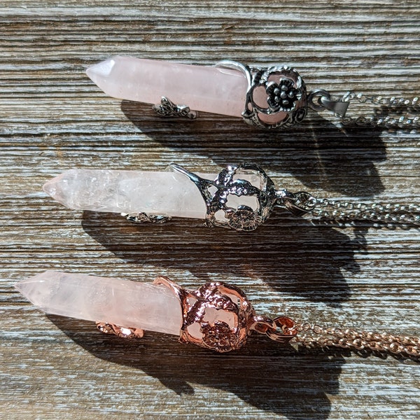 Beautiful Rose Quartz flower wrapped pendant antique, silver tone or copper finish necklace  Healing Crystal Necklace
